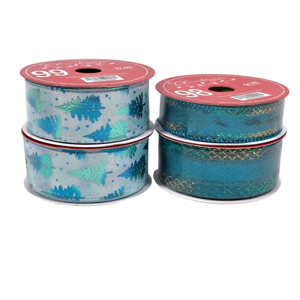 Hobby Lobby Teal Gold Christmas Ribbon Lot 4 Spools 40 Yds Trees Glitter‎ Wreath